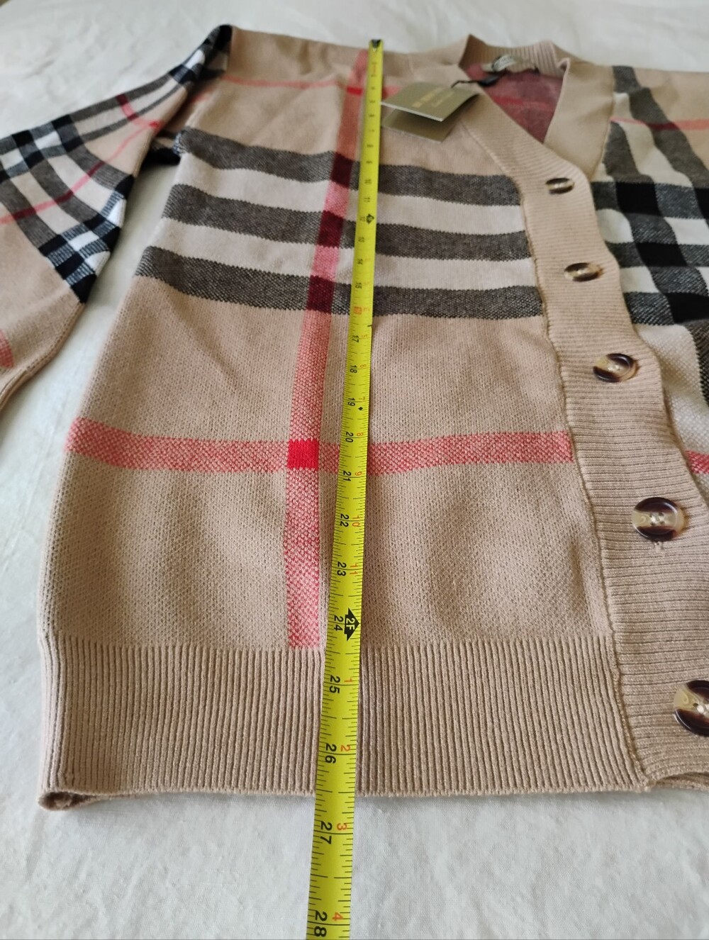 Beige Plaid V-Neck Button Cardigan with Red Accents - Picture 7 of 10